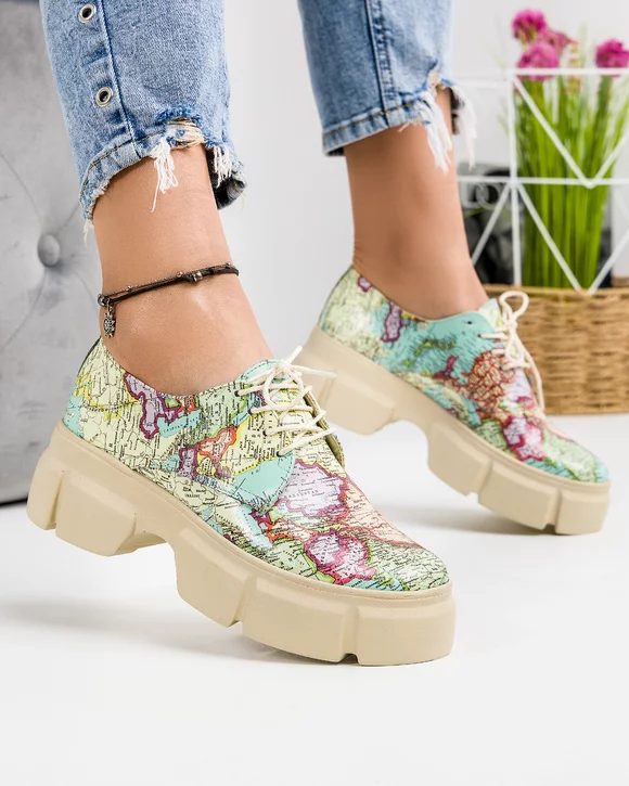 Pantofi Casual Dama Piele Naturala Bej Print Harta POL130