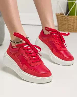 Pantofi casual dama piele naturala cu piele intoarsa rosii inchidere cu siret AW2023-19