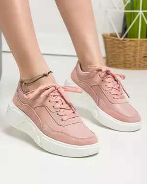 Pantofi casual dama piele naturala cu piele intoarsa roz inchidere cu siret AW2023-19
