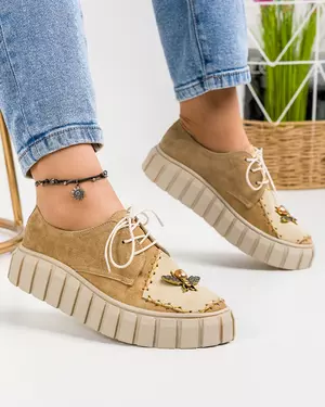 Pantofi casual dama piele naturala intoarsa bej si accesoriu POL161