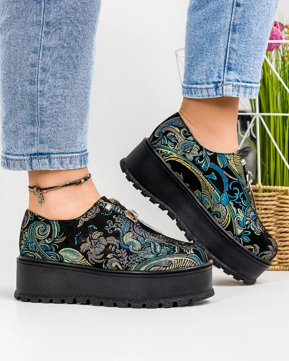 Pantofi Casual Dama Piele Naturala Intoarsa Imprimeu Brodat IN455H