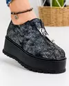 Pantofi casual dama piele naturala intoarsa negri cu imprimeu argintiu si fermoar frontal IN455P 1