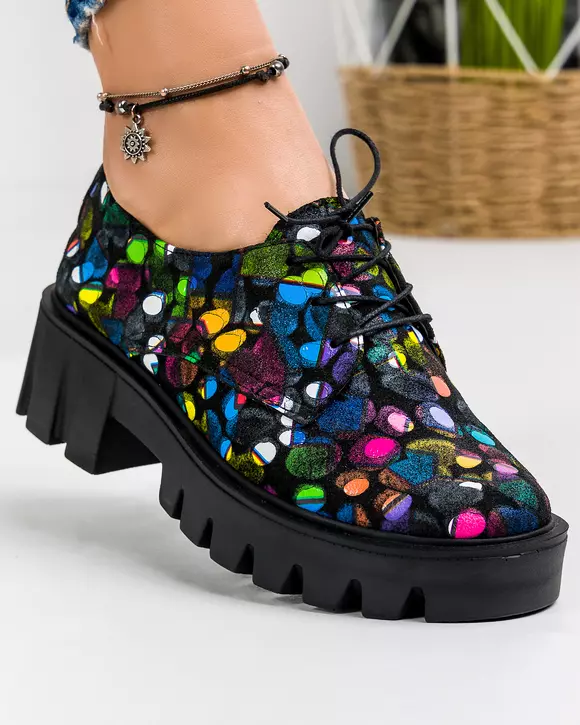 Pantofi casual dama piele naturala intoarsa negri cu print picasso POL160