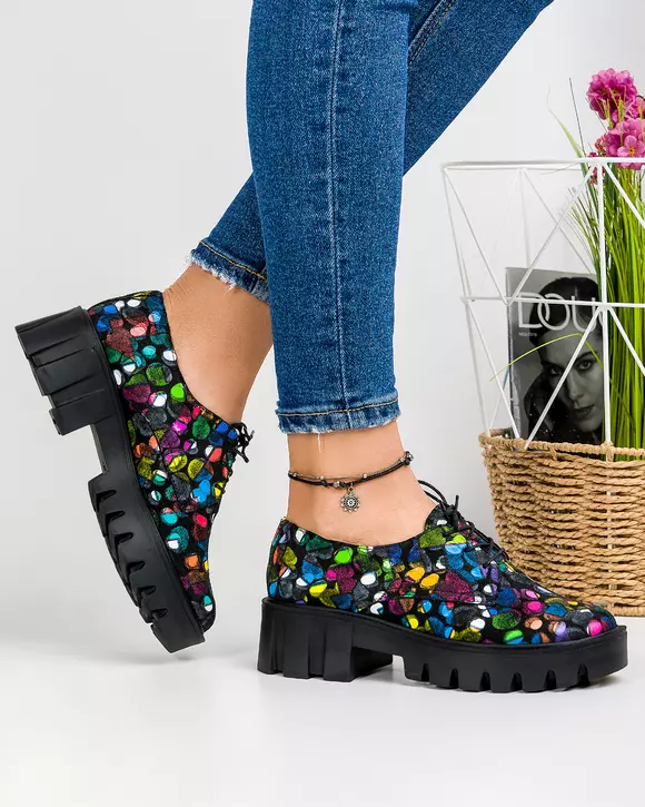Pantofi casual dama piele naturala intoarsa negri cu print picasso POL160
