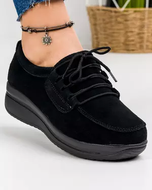 Pantofi casual dama piele naturala intoarsa negri cu talpa groasa F002-10