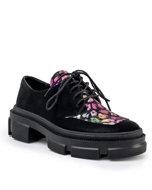 Pantofi Casual Dama Piele Naturala Intoarsa Negru cu Print Multicolor POL128
