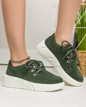 Pantofi casual dama piele naturala intoarsa olive AW2023-18