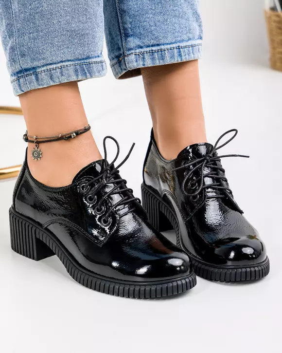Pantofi Casual Dama Piele Naturala Lucioasa Negri PC836