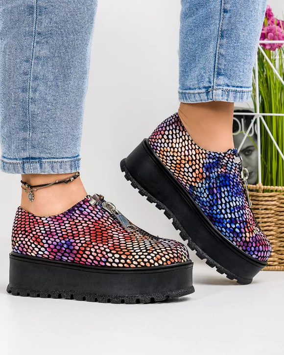Pantofi Casual Dama Piele Naturala Print Buline Colorate IN455F