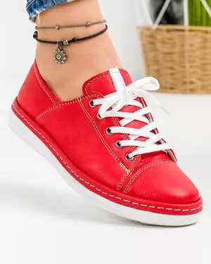 Pantofi casual dama piele naturala rosii cu talpa joasa si inchidere cu siret AKD001