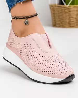 Pantofi casual dama piele naturala roz cu inchidere slip-on talpa alba si perforatii T-3099