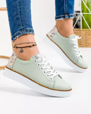 Pantofi casual dama piele naturala verde deschis cu model floral si inchidere cu siret AKD23145
