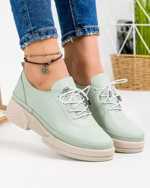Pantofi casual dama piele naturala verde deschis cu talpa groasa si inchidere cu siret AKD23099