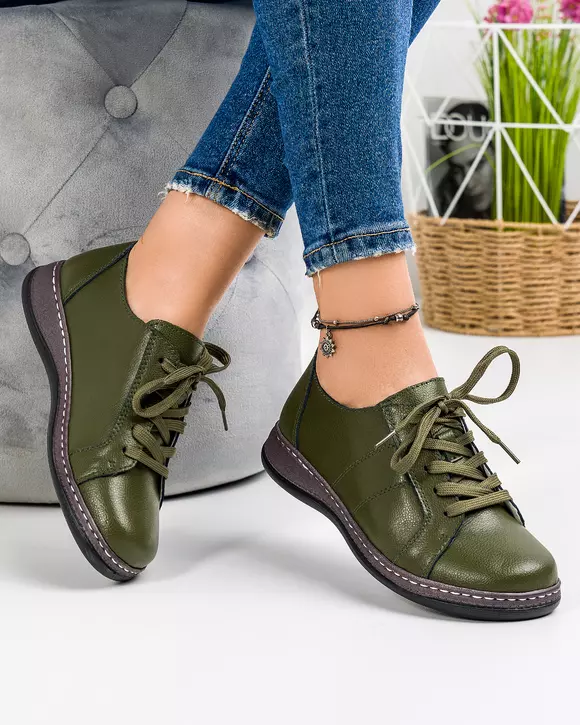 Pantofi casual dama piele naturala verde inchis cu inchidere siret si talpa joasa AP-2111