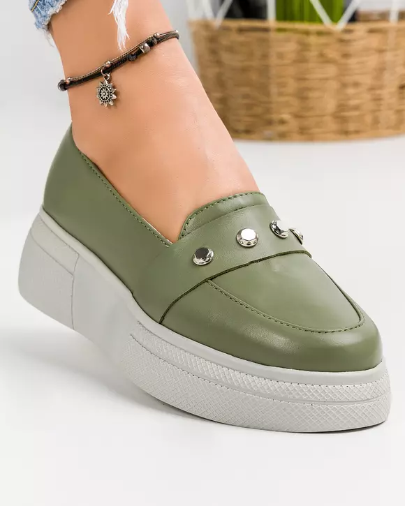 Pantofi casual dama piele naturala verzi cu talpa groasa si inchidere slip-on PC841
