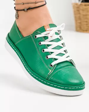 Pantofi casual de dama din piele naturala verzi cu talpa joasa si varf rotund AKD001