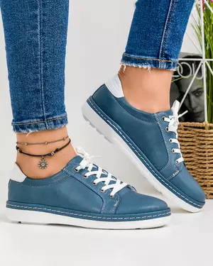 Pantofi casual din piele naturala albastri cu inchidere siret si talpa joasa flexibila AKD002