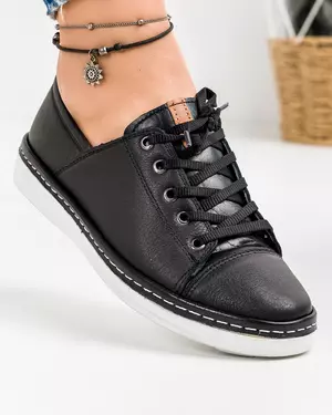 Pantofi casual din piele naturala negri inchidere cu siret si varf rotund AKD001