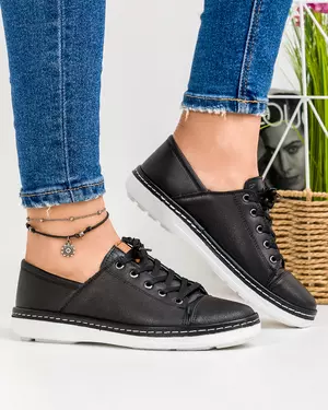 Pantofi casual din piele naturala negri inchidere cu siret si varf rotund AKD001