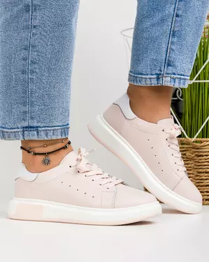 Pantofi casual din piele naturala roz cu alb si inchidere sireturi AW464