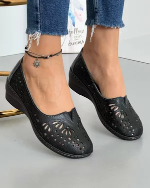 Pantofi Casual Negri Cu Model Floral Perforat Piele Naturala JSB-114