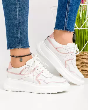 Pantofi casual piele naturala alb cu roz cu inchidere sireturi RAVENA2