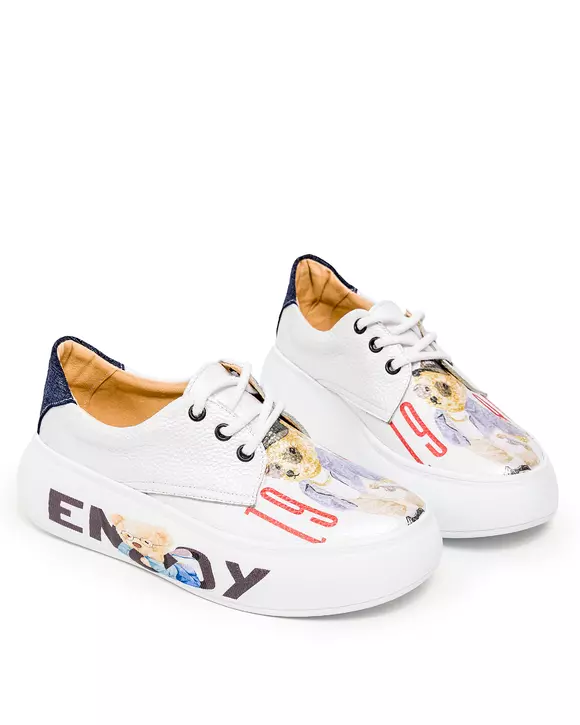 Pantofi casual piele naturala alb sidef cu inscriptii si animatii POL217
