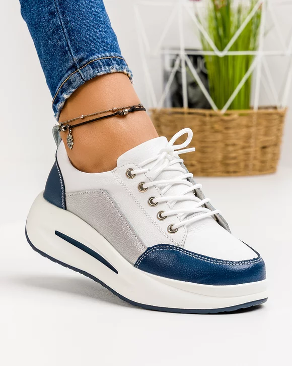 Pantofi Casual Piele Naturala Albi cu Argintiu si Bleumarin T-33