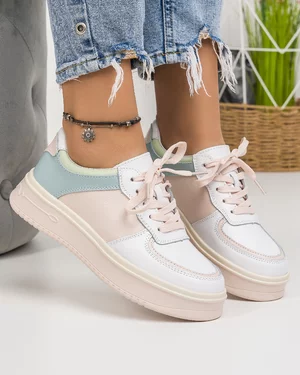 Pantofi Casual Piele Naturala Albi cu Roz AW404