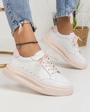 Pantofi Casual Piele Naturala Albi Cu Roz AW429