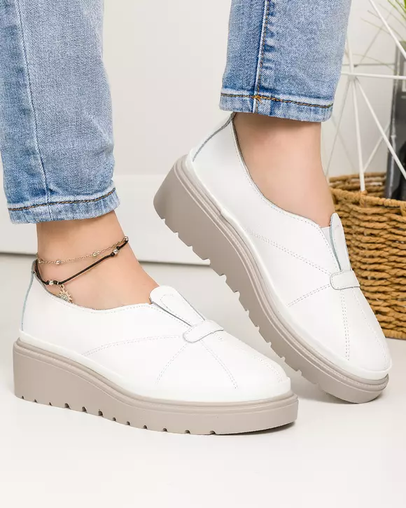 Pantofi casual piele naturala albi cu talpa gri JY3371