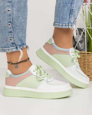 Pantofi Casual Piele Naturala Albi Cu Verde AW404