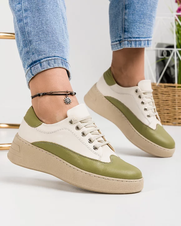Pantofi Casual Piele Naturala Bej Olive IN509