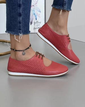 Pantofi Casual Piele Naturala Cu Siret Si Perforatii Florale Rosii AK300
