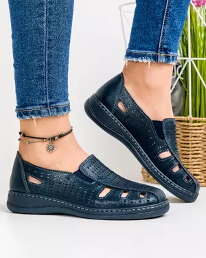 Pantofi Casual Piele Naturala Dama Cu Elastic Perforati Bleumarin XH047