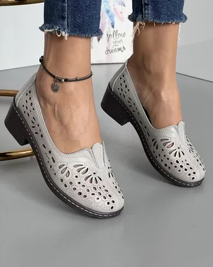 Pantofi Casual Piele Naturala Dama Gri Perforati JY83602