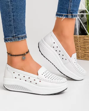 Pantofi Casual Piele Naturala Dama Peforati Albi PL-200