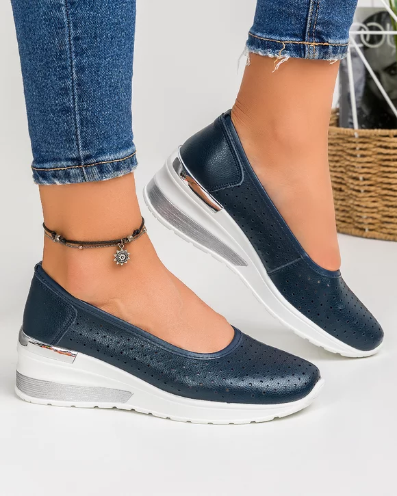 Pantofi Casual Piele Naturala Dama Peforati Bleumarin AW402