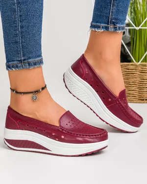 Pantofi Casual Piele Naturala Dama Peforati Bordo PL-200