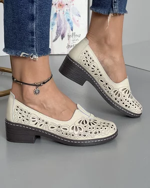 Pantofi Casual Piele Naturala Dama Perforati Bej JY83602