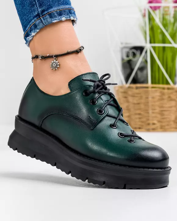 Pantofi casual piele naturala dama verde inchis cu talpa groasa inchidere cu siret IN410