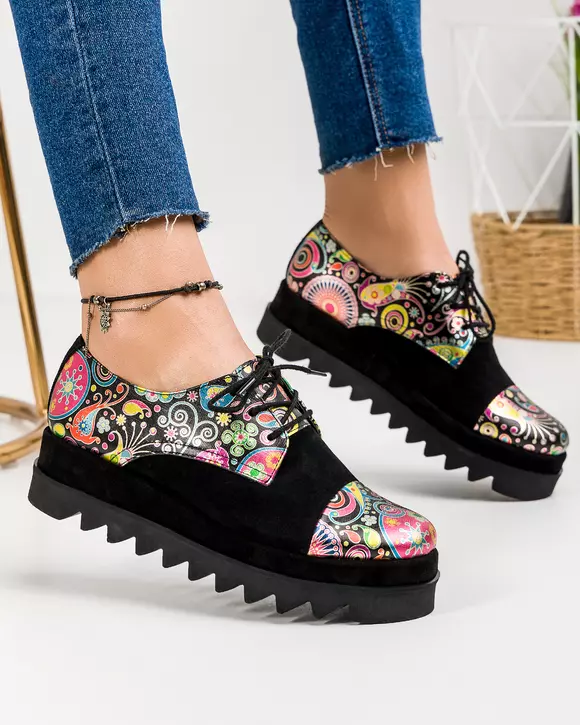 Pantofi casual piele naturala intoarsa cu print color floral POL188