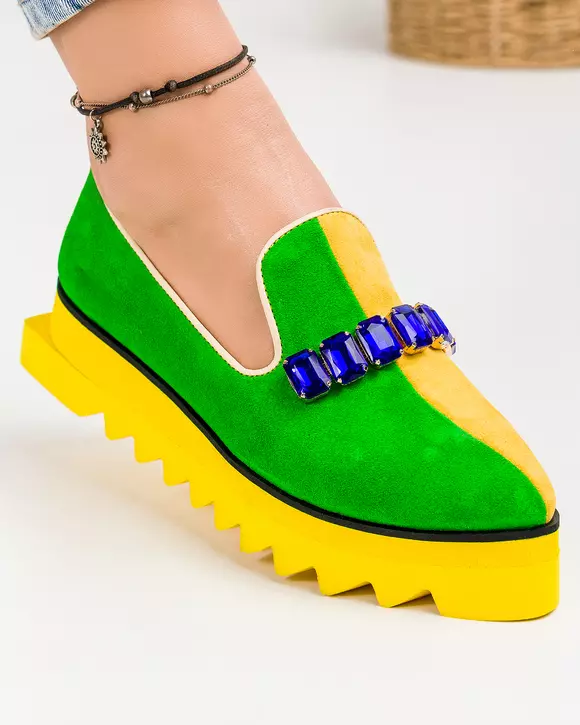 Pantofi casual piele naturala intoarsa galben cu verde si accesoriu POL183