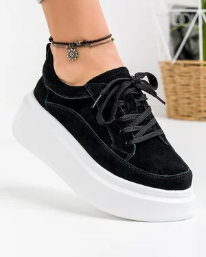 Pantofi Casual Piele Naturala Intoarsa Negri cu Talpa Alba SD-303