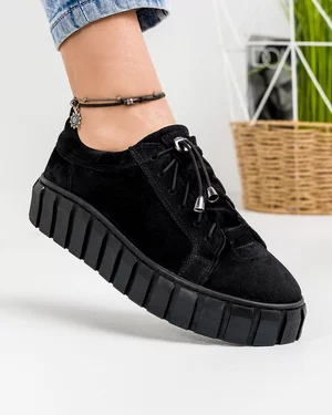 Pantofi Casual Piele Naturala Intoarsa Negri IN503