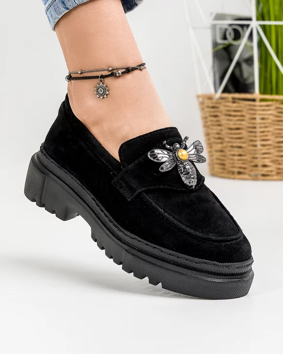 Pantofi Casual Piele Naturala Intoarsa Negri IN507