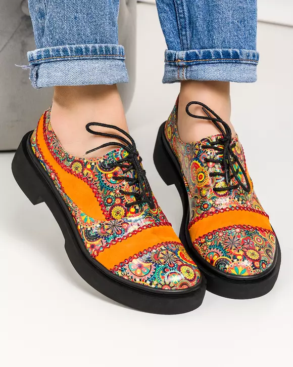 Pantofi casual piele naturala intoarsa si piele naturala cu imprimeu multicolor POL211