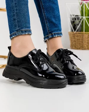 Pantofi Casual Piele Naturala Lacuita Negri AW384