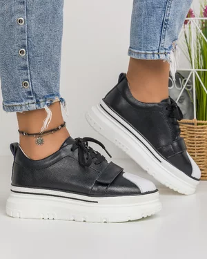 Pantofi Casual Piele Naturala Negri Cu Alb AW417