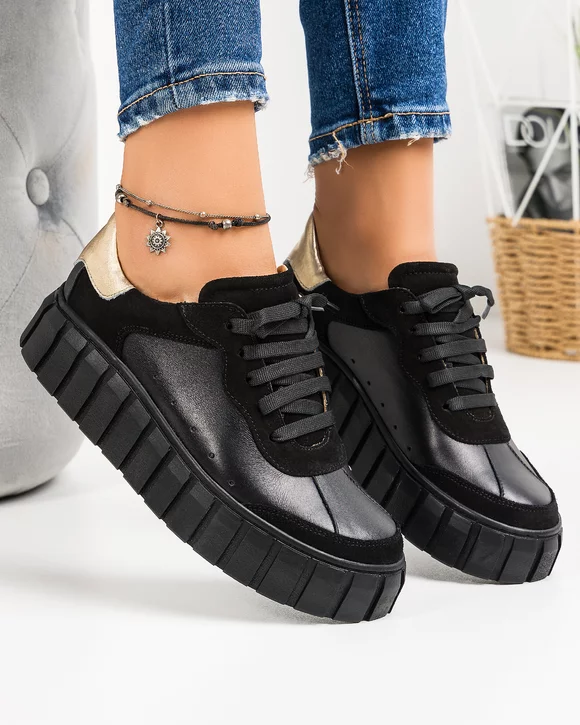 Pantofi Casual Piele Naturala Negri Cu Auriu ZARA188